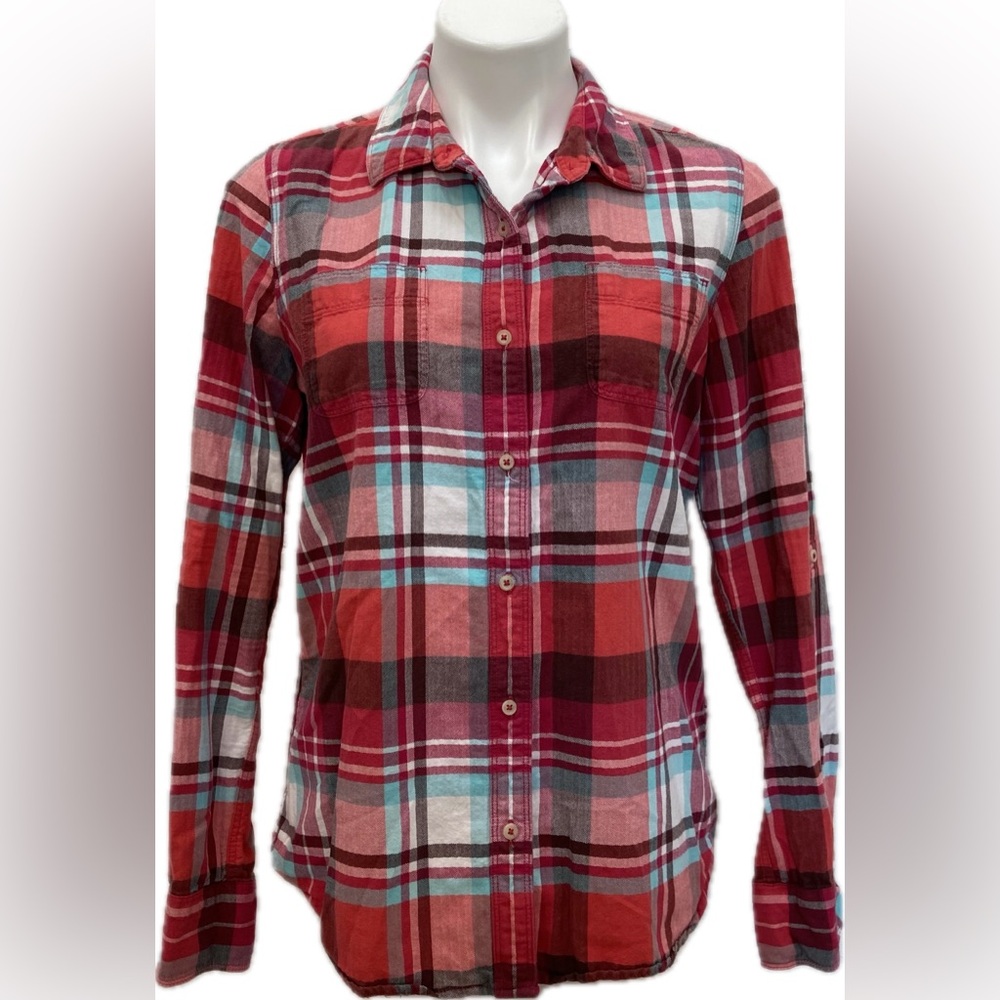 THE NORTH FACE WOMENS PLAID COTTON SOFT BUTTON DOWN RED BLUE LONG SLEEVE TOP